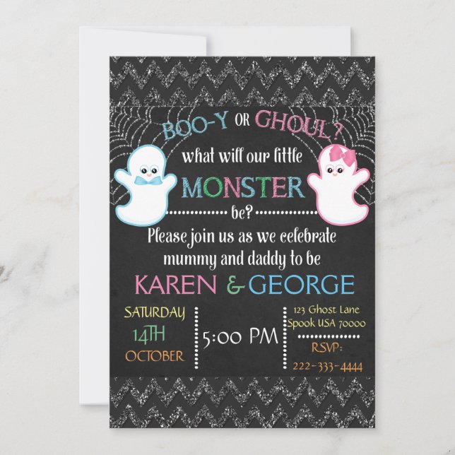 Boo-y eller Ghoul Halloween Gender Reveal Inbjudan (Framsida)