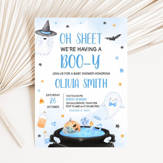 Boo-y Halloween Baby Shower Inbjudningar (Blue Oh Sheet Baby Shower Invitation)
