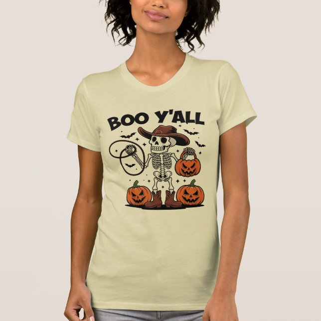 Boo Y'all Skeleton Cowboy Halloween T Shirt (Framsida)