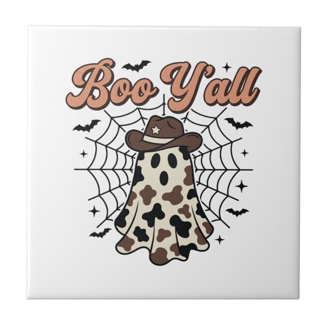Boo Y'all västerländsk spök Halloween-design Kakelplatta (Framsidan)