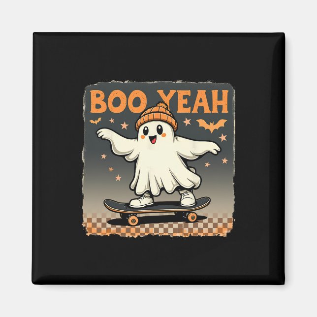 Boo Yeah Halloween Rolig Spöklik Ghost Skateboard  Magnet (Framsidan)