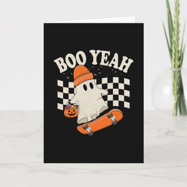 Boo Yeah Spök Skateboardåkning Rolig Halloween Spö Kort (Framsida)