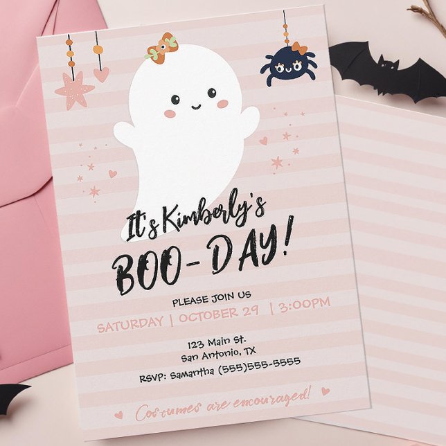 BOOday Kawaii Ghost Halloween-inbjudan Inbjudningar (Cute Pink Boo-day Halloween Birthday Party Invitation)