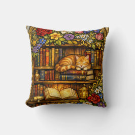 Book and Sleeping Cat Lovers Faux Stain Glass Kudde