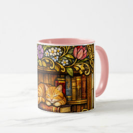 Book and Sleeping Cat Lovers Faux Stain Glass Mugg