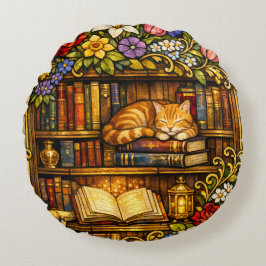 Book and Sleeping Cat Lovers Faux Stain Glass Rund Kudde