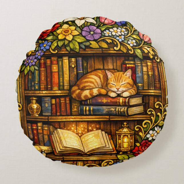 Book and Sleeping Cat Lovers Faux Stain Glass Rund Kudde (Framsidan)