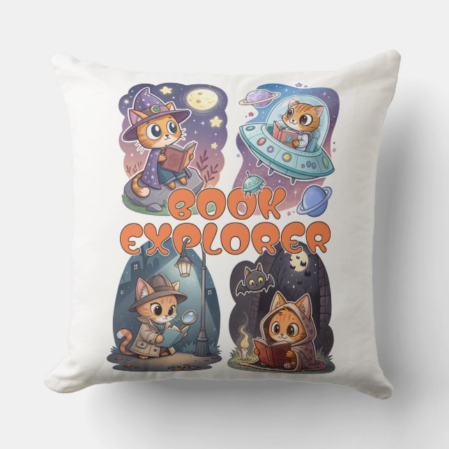 Book Explorer – Cute Cat Reading Adventure Kudde (Framsida)