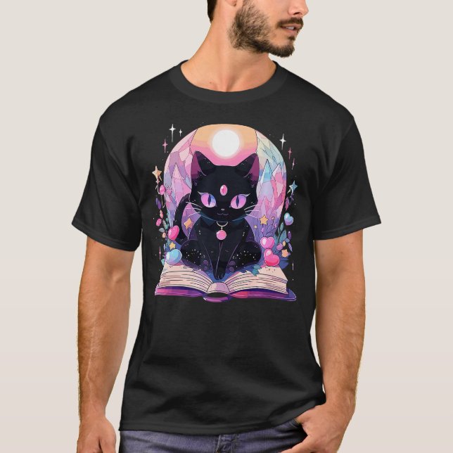 Book Lover Crystal Witchy Cute Black Cat Kawaii Pa T Shirt (Framsida)
