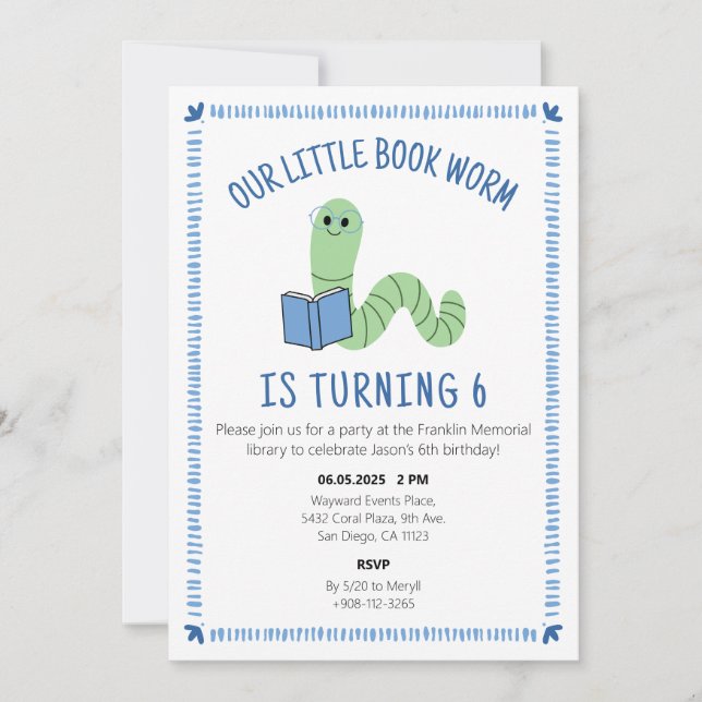 Book Worm Reading Lover Birthday Party Invite Inbjudningar (Framsida)