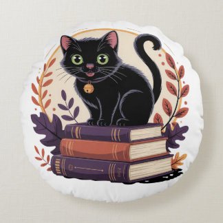 Bookish Black Cat - Kids'Pillow Rund Kudde