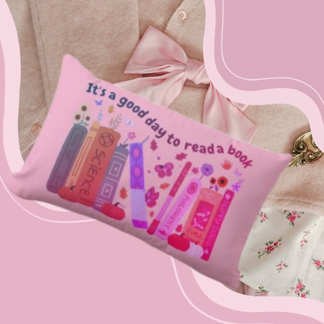 Bookish book Lovers, Orange Pumpkin & Fall Leaves Lumbarkudde (Bookish book Lovers Lumbar Pillow light pink color, cute orange pumpkin, fall/autumn, Its A Good Day)