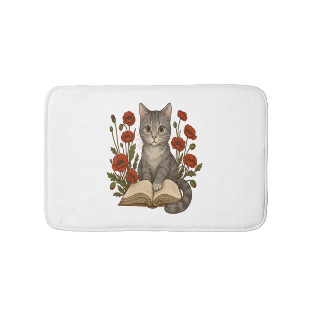 Bookish Cat - Cute Reading Cat with poppies for Bo Badrumsmatta (Framsidan)