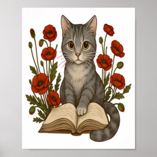 Bookish Cat - Cute Reading Cat with poppies for Bo Poster
