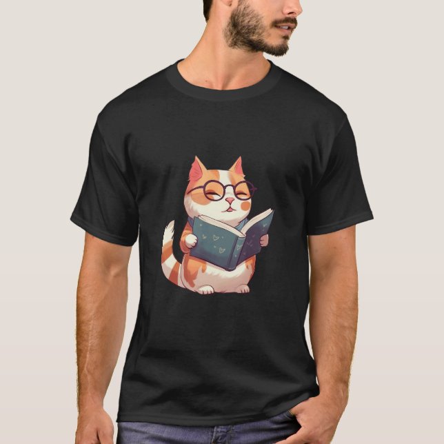 Bookish Cat with Glasses  Cute & Intellectual Desi T Shirt (Framsida)