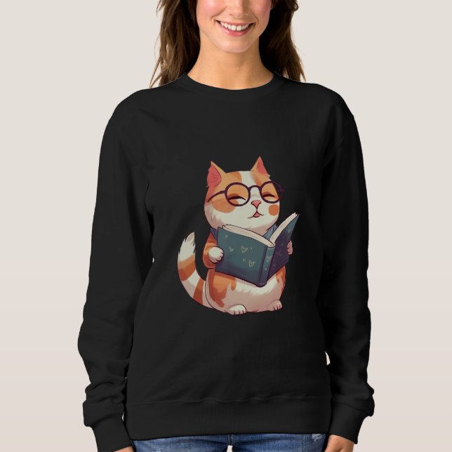 Bookish Cat with Glasses  Cute & Intellectual Desi T Shirt (Framsida)