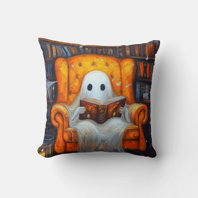 Bookish Ghost | Mysiga Halloween Bibliotek Scene Kudde (Framsida)