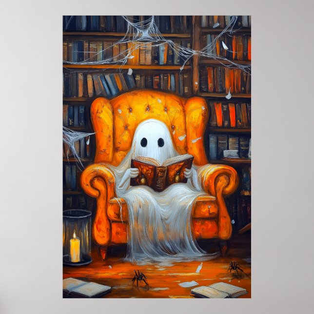 Bookish Ghost | Mysiga Halloween Bibliotek Scene Poster (Framsidan)
