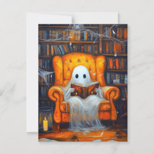 Bookish Ghost   Mysiga Halloween Bibliotek Scene Vykort