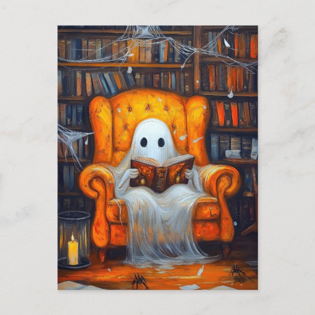 Bookish Ghost | Mysiga Halloween Bibliotek Scene Vykort (Framsida)