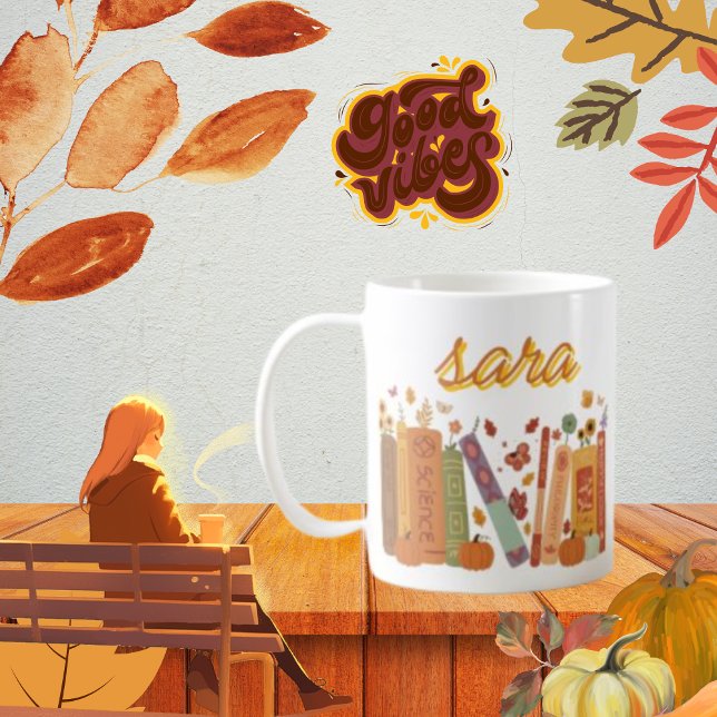 Bookish Orange Pumpkin Blommigt Höstvikt Klassisk Kaffemugg (Bookish Orange Pumpkin Floral Autumn wight Classic Coffee Mug custom name, Pumpkin and Fall Leaves o)