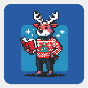 Bookish Reindeer - Mysigt Pixel Art-juldesign Fyrkantigt Klistermärke