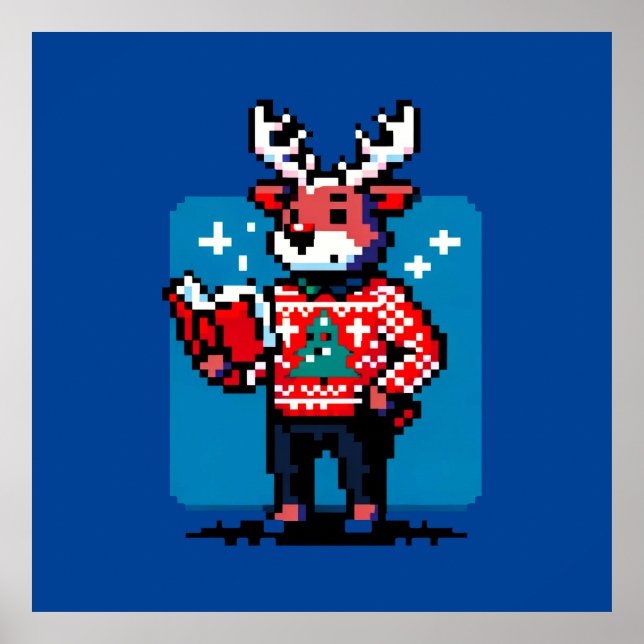 Bookish Reindeer - Mysigt Pixel Art-juldesign Poster (Framsidan)