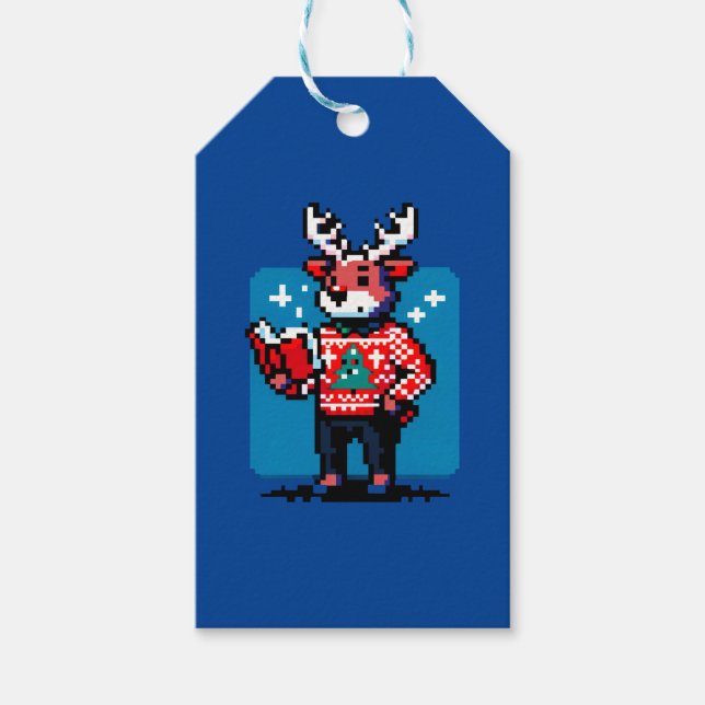 Bookish Reindeer - Mysigt Pixel Art-juldesign Presentetikett (Framsidan)