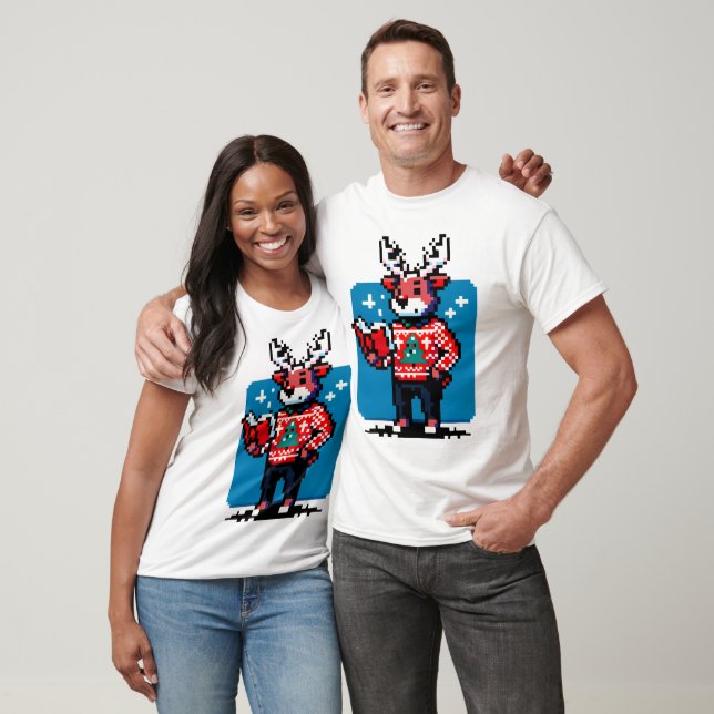 Bookish Reindeer - Mysigt Pixel Art-juldesign T Shirt (Unisex)