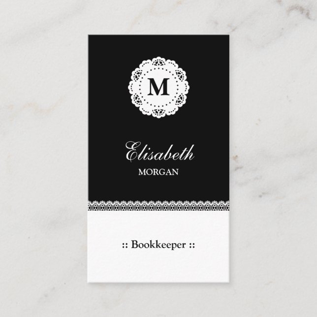 Bookkeeper Black White Snöre Monogram Visitkort (Framsida)