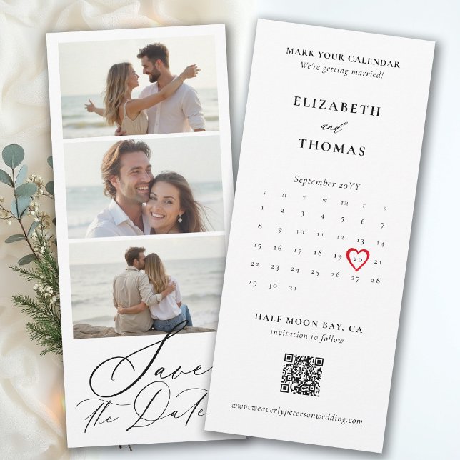 Bookmark Calendar Heart Photo Strip Modern Wedding Spara Datumet (bookmark wedding save the date card photo qr code calendar red heart modern photobooth strip)
