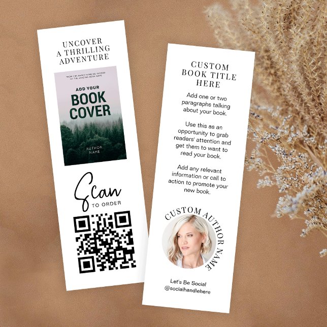 Bookmark-kort för Bok-version av promoförfattare f Mini Visitkort (Minimalist MINI bookmark design with your custom book cover and author photo)