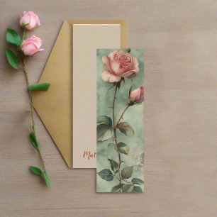 Bookmark-kort för vattenfärg, Vintage Rosa ros Mini Visitkort