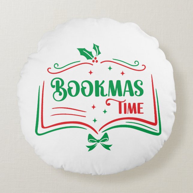 Bookmas Time Reading Book Lover Holiday Print Appa Rund Kudde (Framsidan)