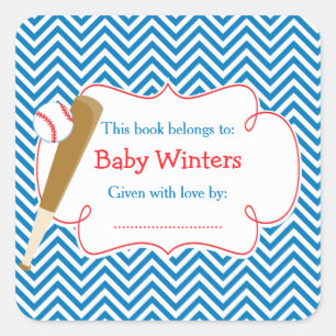 Bookplåt för Blue/White Chevron Baseball Baby Show Fyrkantigt Klistermärke