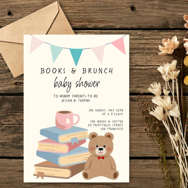 Books & Brunch Neutral Books & Teddy Baby Shower Inbjudningar (Skapare uppladdad)