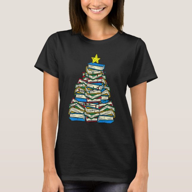 Books Christmas Tree Reading Xmas Teacher Libraria T Shirt (Framsida)