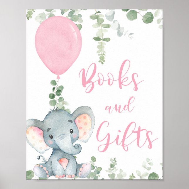 Books gifts pink elephant balloon baby shower sign poster (Framsidan)