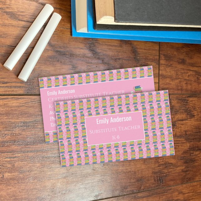 Books Pattern Pink Educator Framed Business Card Visitkort (Books pattern pink educator double-sided business cards .)