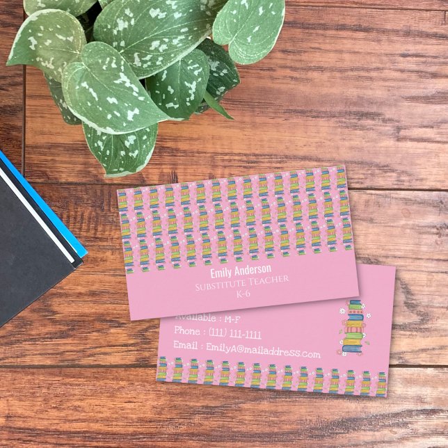 Books Pattern Sub Teacher Pink Business Card Visitkort (Books pattern substitute teacher pink horizontal double-sided business card .)