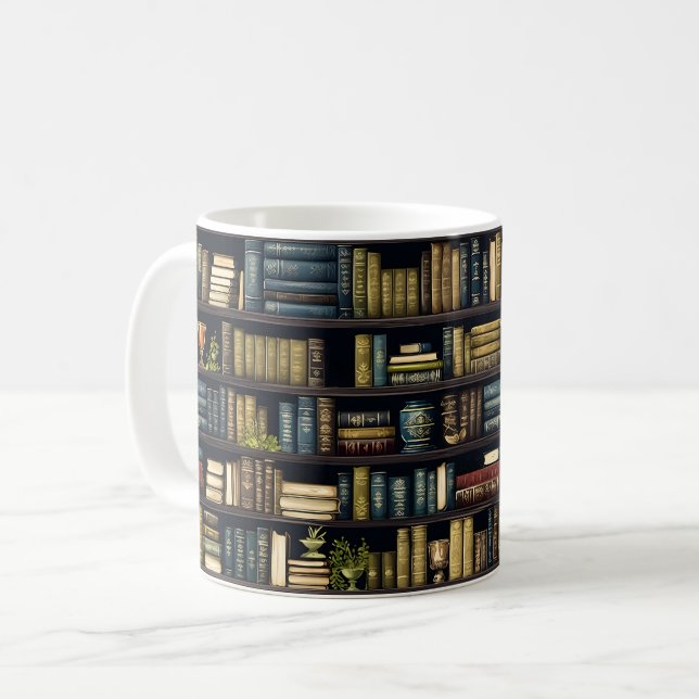 Bookshelf Bokar Bibliotek Bookworm Reading Mönster Kaffemugg (Framsida vänster)