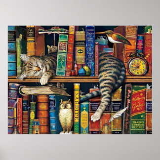 Bookshelf Cat Bibliotek katter Poster