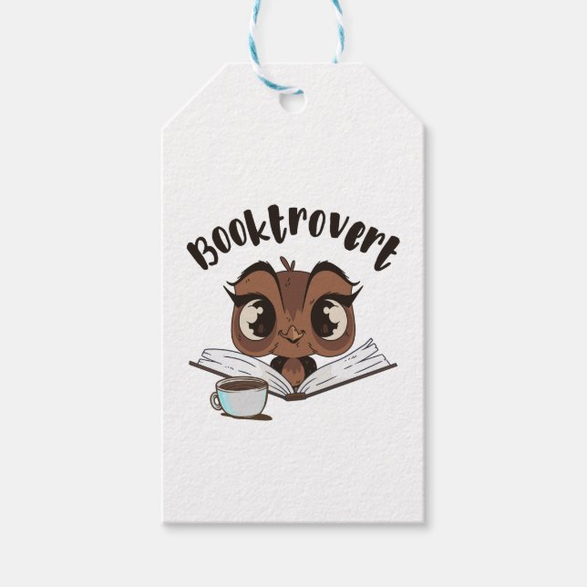 Booktrovert uggla med bok och kaffe presentetikett (Framsidan)
