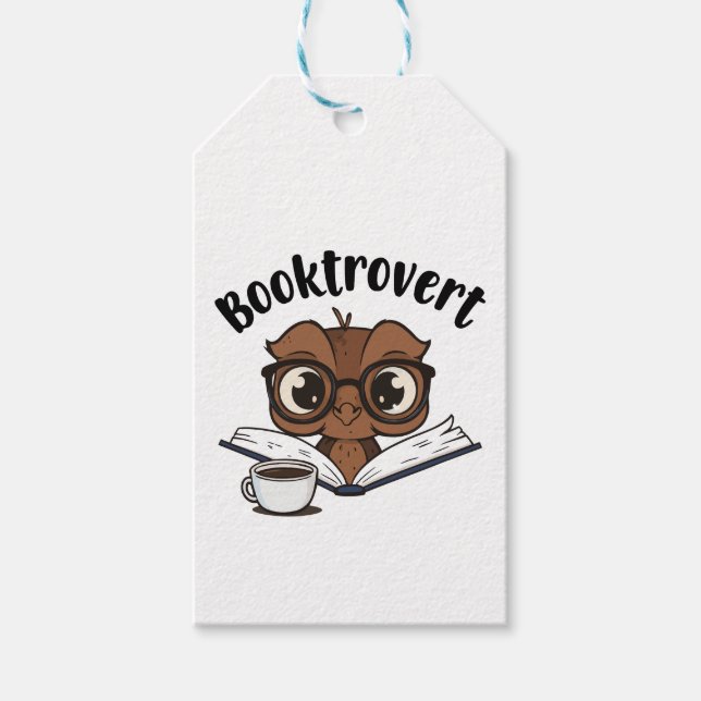 Booktrovert uggla med bok och kaffe presentetikett (Framsidan)
