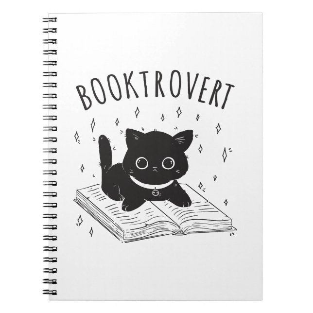 Booktrovertkatt med bok och stjärnor anteckningsbok (Framsidan)