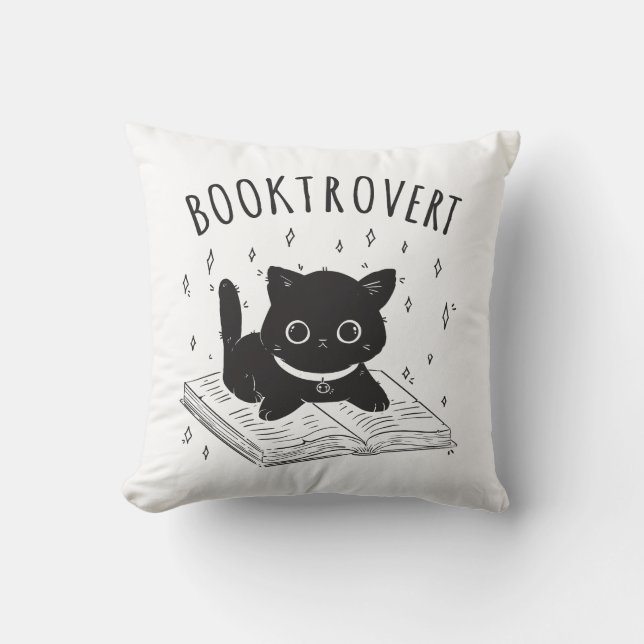 Booktrovertkatt med bok och stjärnor kudde (Framsida)