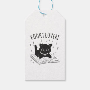 Booktrovertkatt med bok och stjärnor presentetikett