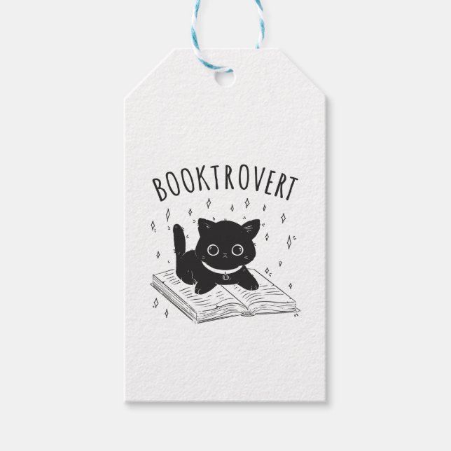 Booktrovertkatt med bok och stjärnor presentetikett (Framsidan)