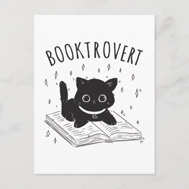 Booktrovertkatt med bok och stjärnor vykort (Framsida)