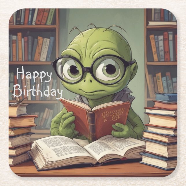 Bookworm Birthday Underlägg Papper Kvadrat (Framsidan)